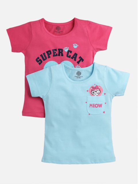 

TAMBOURINE Girls Pack of 2 Coral & Blue Typography Printed Cotton T-shirt