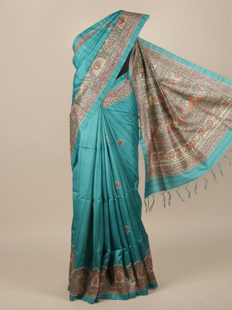 

Pothys Teal Ethnic Motifs Jute Silk Saree