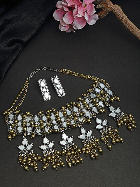

Moedbuille Oxidized Gold-Plated Silver-Toned Mirror-Studded Beaded Handcrafted Jewellery Set