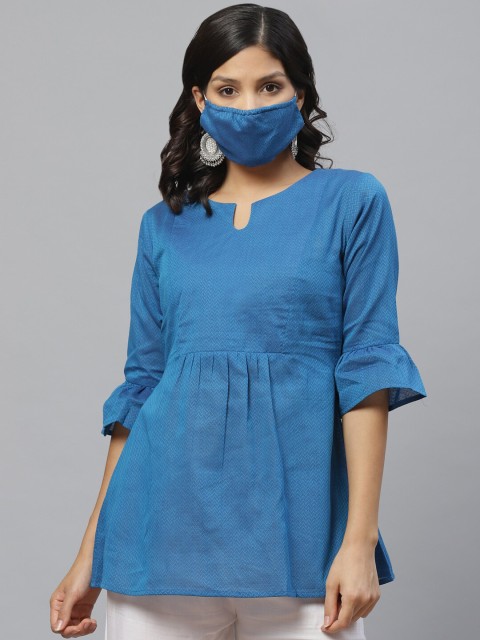 

Libas Blue Woven Design Flared Sleeves Pure Cotton Empire Kurti with Mask