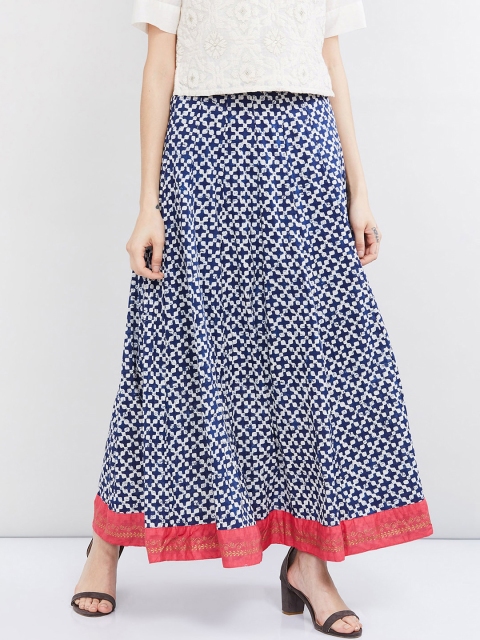 

max Women Blue & White Printed Flared Maxi Pure Cotton Georgette Skirt