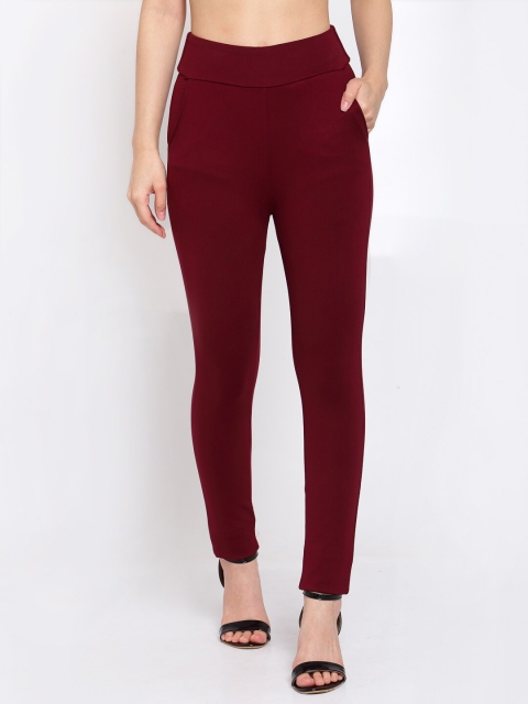 

DUDITI Women Maroon Solid Skinny-Fit Woven Treggings