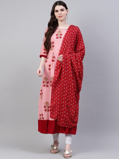 

Stylum Women Pink & Red Floral Printed Flared Sleeves Anarkali Kurta with Dupatta