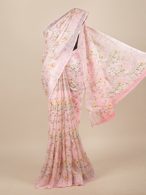 

Pothys Pink Floral Fusion Tussar Saree