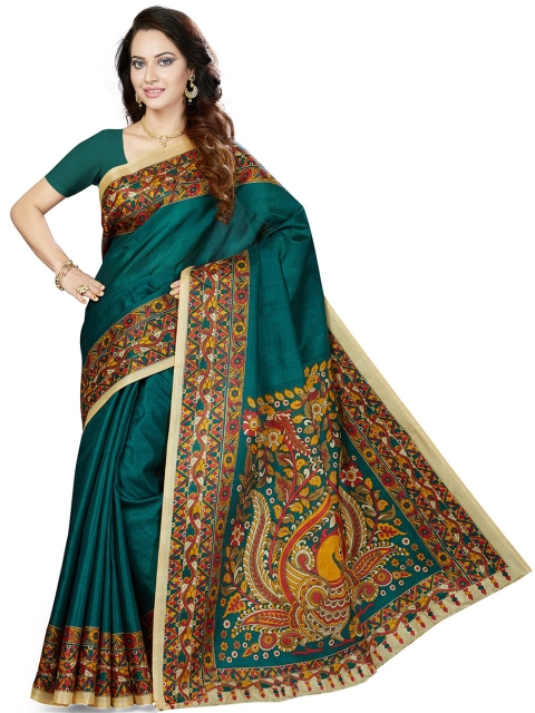 

KALINI Teal & Rust Ethnic Motifs Art Silk Bhagalpuri Saree