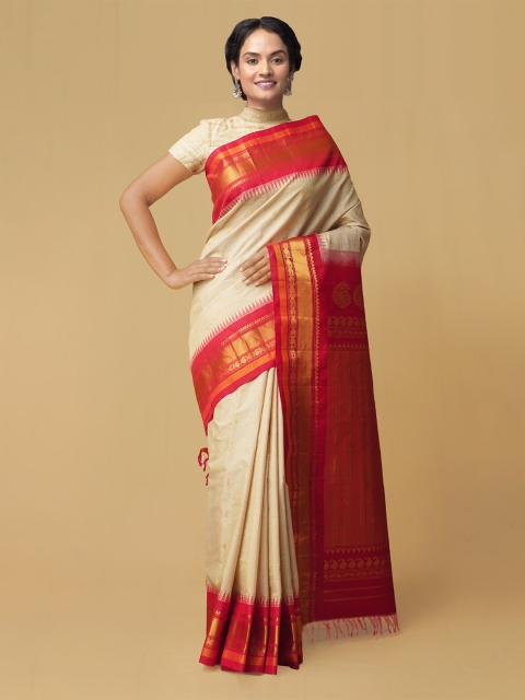 

Unnati Silks Cream & Red Checked Zari Pure Silk Gadwal Saree