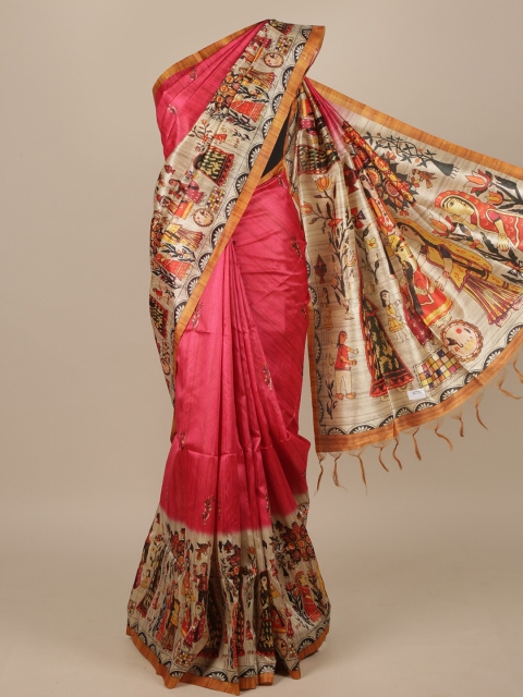 

Pothys Pink & Off White Jute Silk Saree