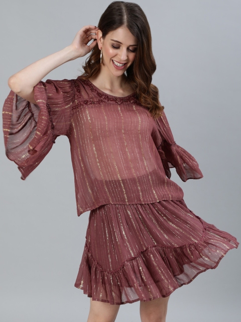 

Ishin Burgundy Striped Georgette Two Piece Dress
