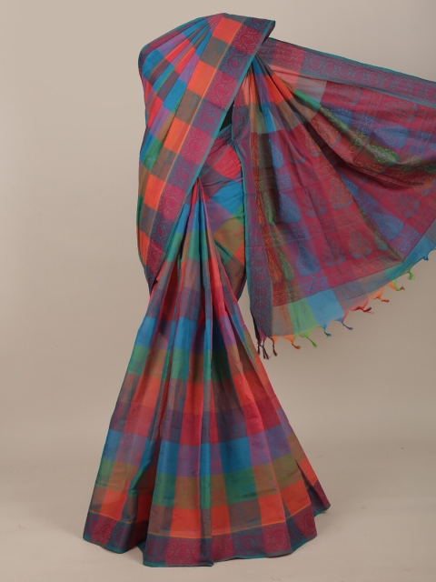 

Pothys Blue & Orange Checked Pure Cotton Saree