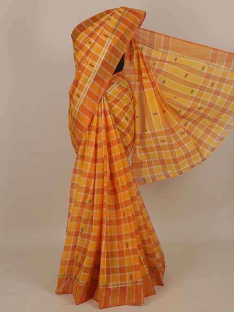 

Pothys Mustard Yellow & Orange Checked Pure Cotton Saree