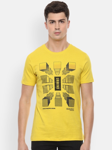 

Louis Philippe Jeans Men Yellow Graphic Printed Cotton Pure Cotton T-shirt