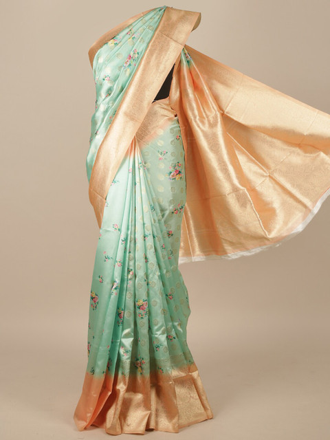 

Pothys Sea Green & Peach-Coloured Floral Jute Silk Saree