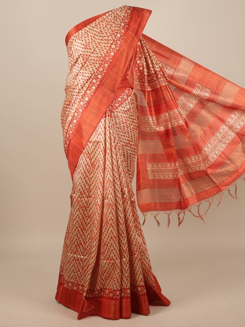 

Pothys Cream & Orange Jute Silk Saree
