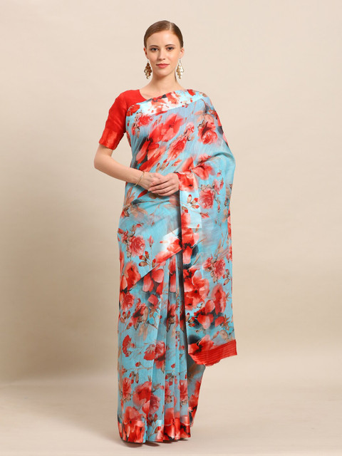 

Kvsfab Blue & Red Floral Linen Blend Saree
