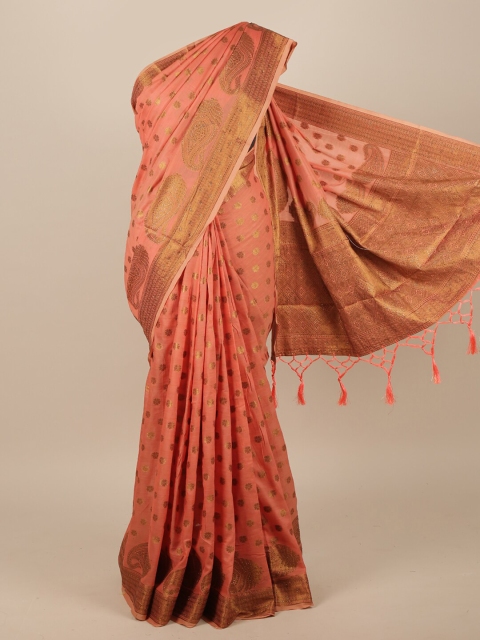 

Pothys Pink & Gold-Toned Paisley Sequinned Jute Silk Saree