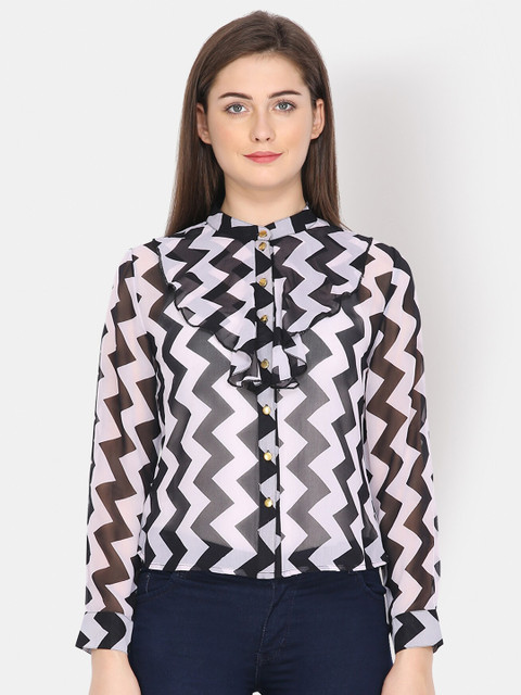

Yaadleen Women White & Black Zig Zag Printed Georgette Shirt Style Top