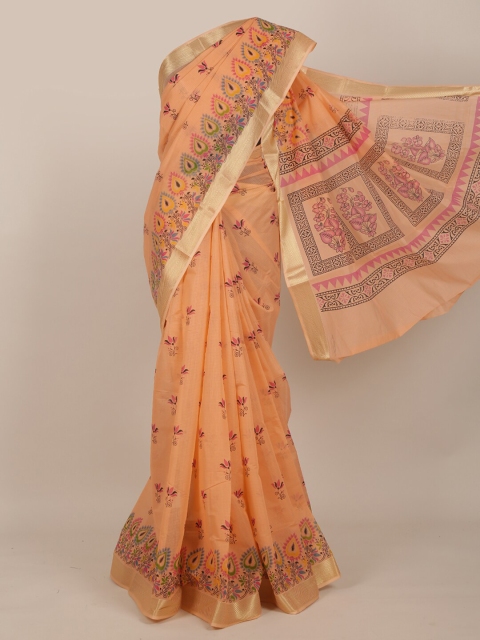 

Pothys Peach & Gold-Toned Ethnic Motifs Zari Saree