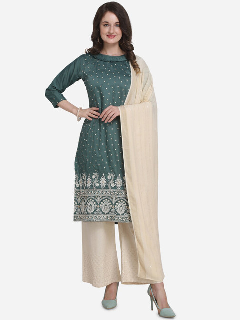 

Kvsfab Women Green & Beige Embellished Unstitched Dress Material