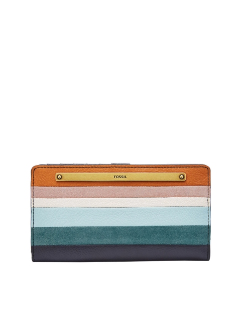 

Fossil Women Orange & Blue Striped Leather Three Fold Wallet