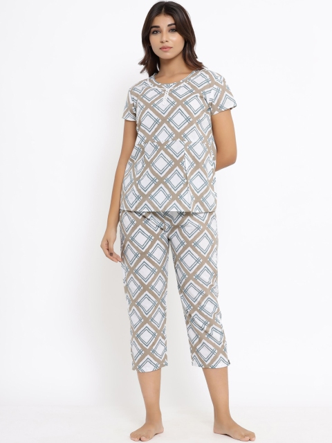 

ANAISA Women White & Grey Cotton Printed Night Suit