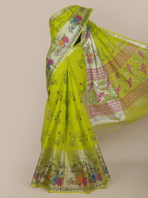 Pothys Fluorescent Green & Pink Floral Zari Pure Cotton Saree