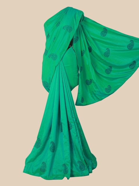 

Pothys Green & Gold-Toned Paisley Zardozi Art Silk Saree