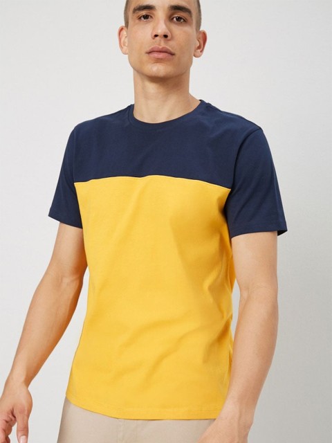 

FOREVER 21 Men Yellow & Navy color-blocked Round Neck T-shirt, Multi