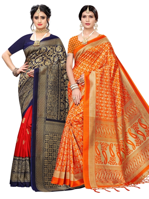 

KALINI Pack Of 2 Orange & Navy Blue Woven Design Zari Art Silk Saree