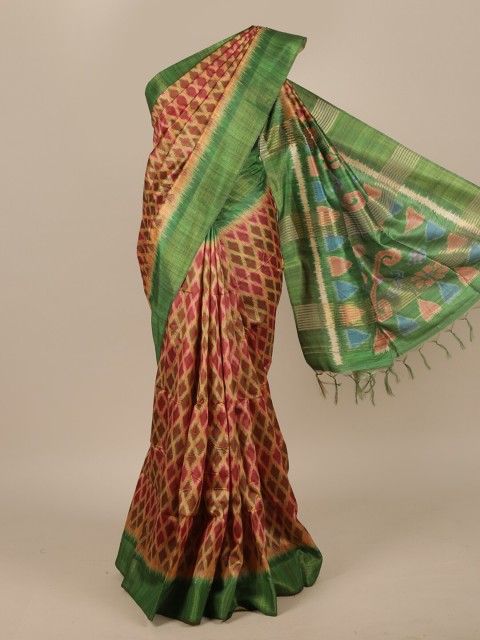 

Pothys Green & Peach-Coloured Jute Silk Ikat Saree