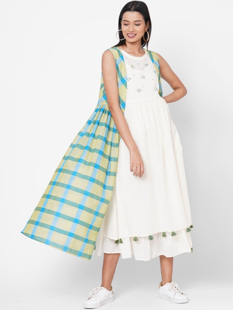 

ZOLA White Ethnic Motifs Embroidered Layered Midi Dress