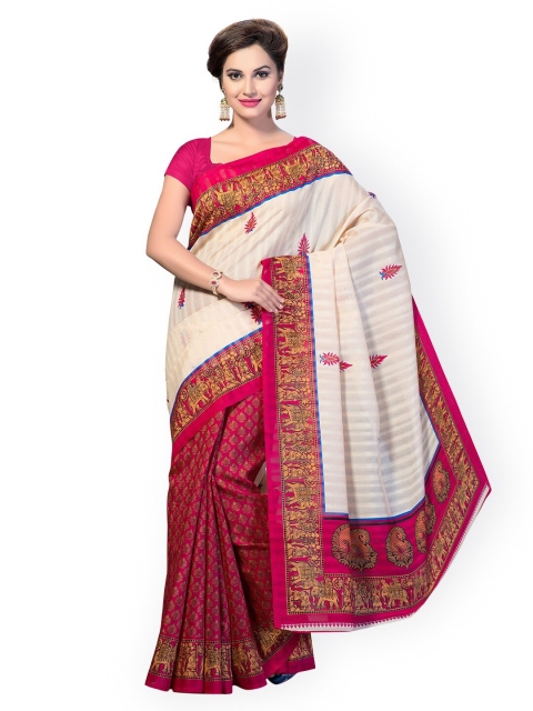 

KALINI Pink & White Ethnic Motifs Art Silk Half and Half Saree