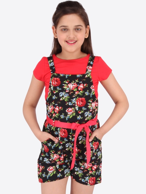 

CUTECUMBER Girls Black & Red Floral Printed Dungarees