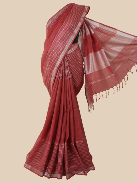 

Pothys Maroon & Silver-Toned Checked Zari Linen Blend Saree