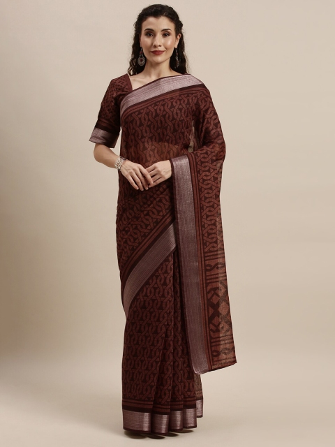

Kvsfab Brown & Silver-Toned Cotton Blend Zari Saree