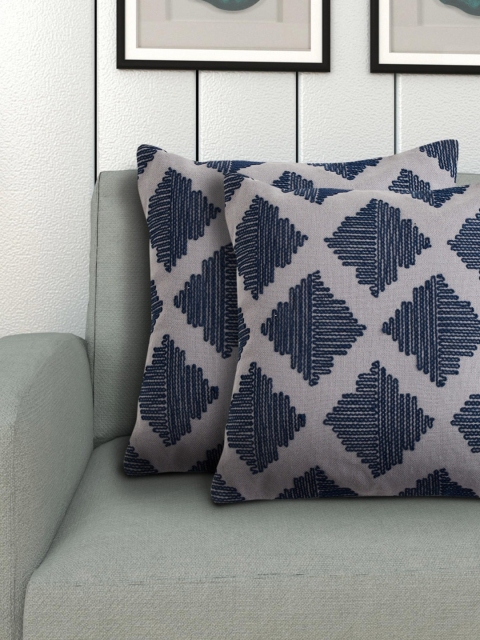 

Home Centre Grey & Navy Blue Set of 2 Embroidered Square Cushion Covers