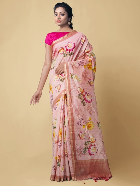 

Unnati Silks Pink Floral Zari Silk Cotton Chanderi Saree