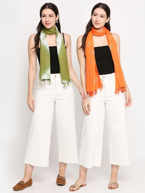 

Get Wrapped Women Olive Green & Orange Set of 2 Printed Scarf