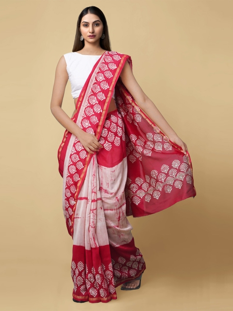 

Unnati Silks Pink & White Batik Zari Silk Cotton Chanderi Saree