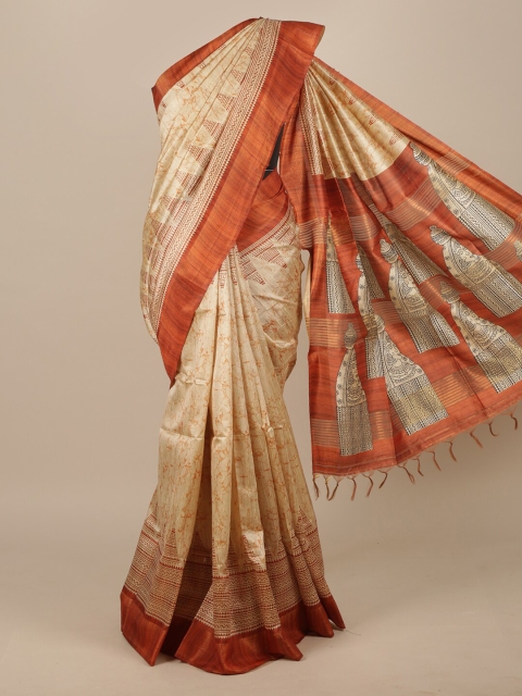 

Pothys Cream & Rust Brown Jute Silk Saree