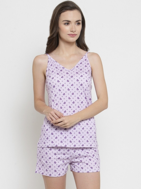 

Claura Women White & Lavender Printed Cotton Night suit