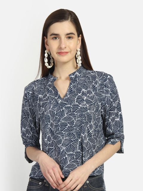 Yaadleen Navy Blue & White Mandarin Collar Crop Top