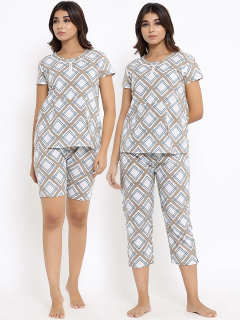 

ANAISA Women White & Beige Printed Night suit