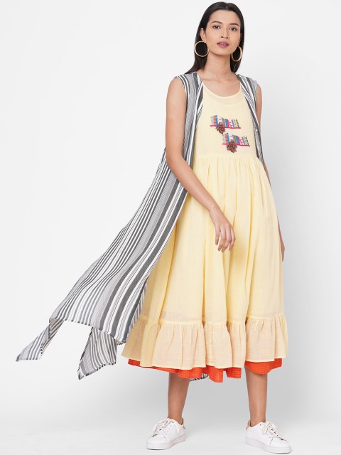 

ZOLA Women Yellow Printed Fit & Flared Tiered Midi Dress