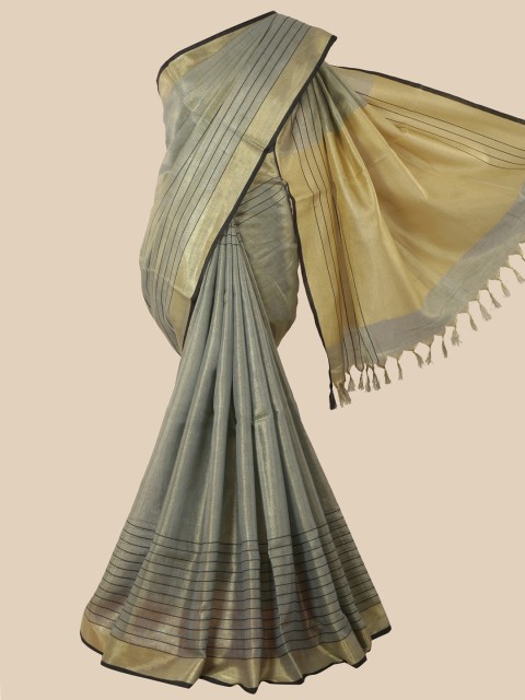 

Pothys Grey & Gold-Toned Striped Linen Blend Saree