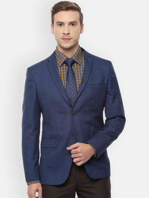 

Louis Philippe Men Navy Blue Checked Slim-Fit Single-Breasted Formal Blazer