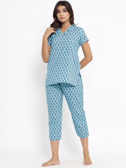 

ANAISA Women Blue Straight Pure Cotton Printed Night Suit