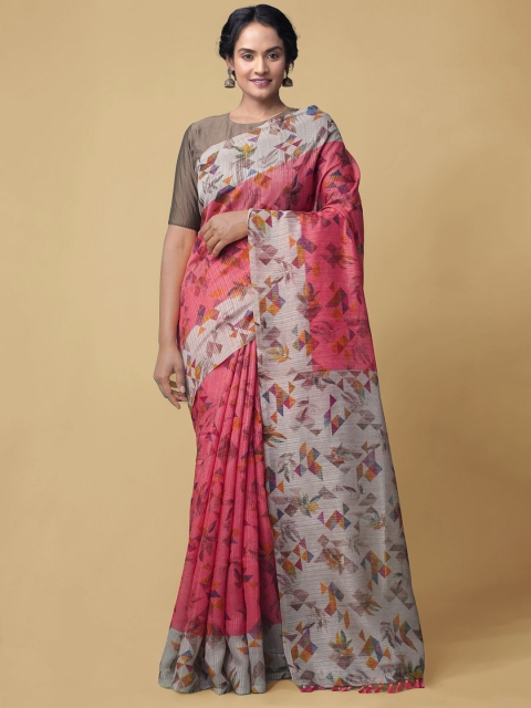 

Unnati Silks Coral & Blue Linen Blend Jamdani Saree