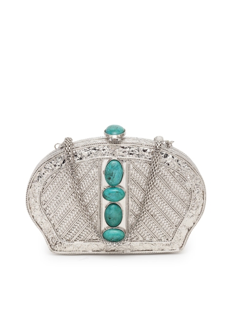 

PRACCESSORII Silver & Blue Embellished Box Clutch