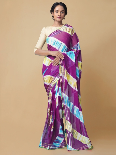 

Unnati Silks Purple & Turquoise Blue Leheriya Pure Chiffon Bhagalpuri Saree