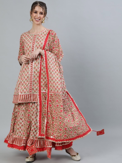

Ishin Women Beige Printed Kurti with Skirt & Dupatta